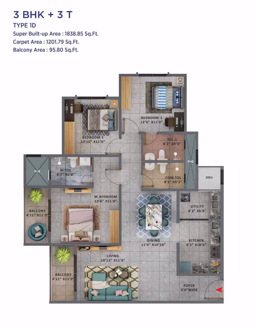 Sattva Forest Ridge 3 BHK 1838 sqft floor plan layout