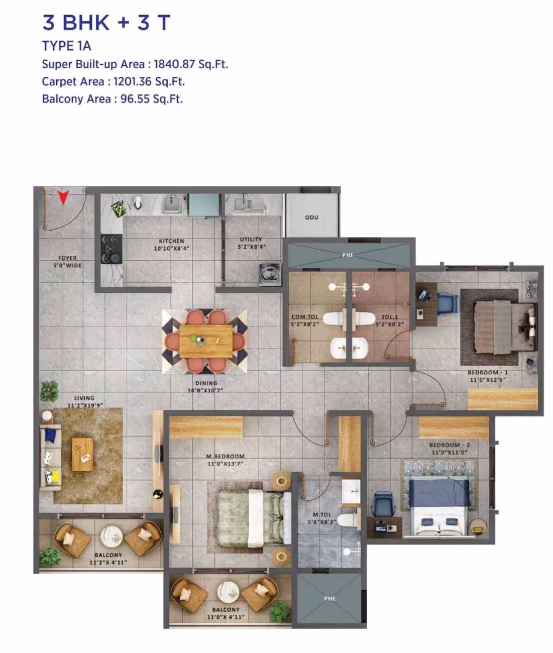 Sattva Forest Ridge 3 BHK Type 3 floor plan layout