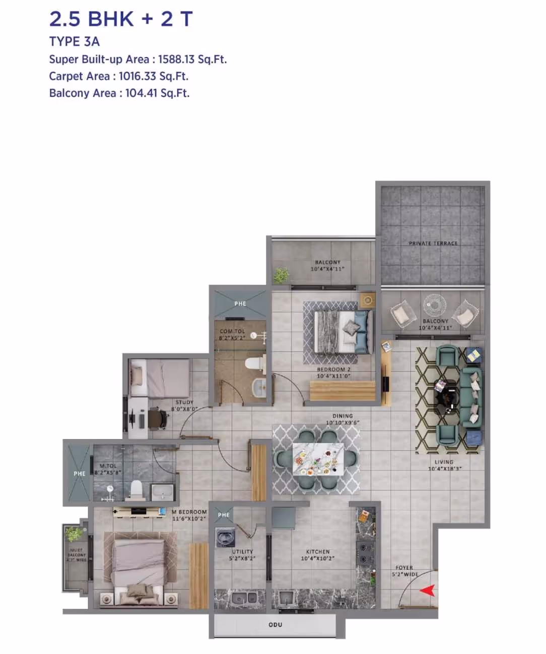 Sattva Forest Ridge - 2.5BHK+2T - 1588 sqft
